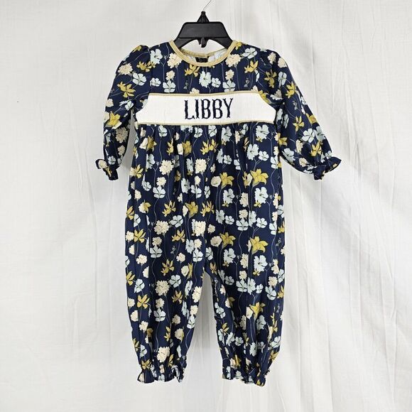 Sugar Dumpling Kid Smocked Floral Blue Libby Bubble Jumpsuit Romper Babygirl 12m - Picture 1 of 6